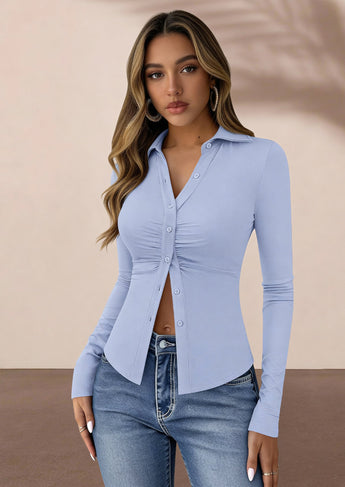 PRETTYGARDEN Womens Button Down Shirts V Neck Collared Ruched Slim Fit Long Sleeve Shirt Casual Fall Fashion Ladies Tops